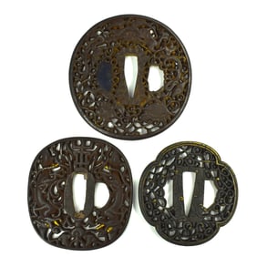 A grouping of three Edo period iron Tsubas with gilt highlights