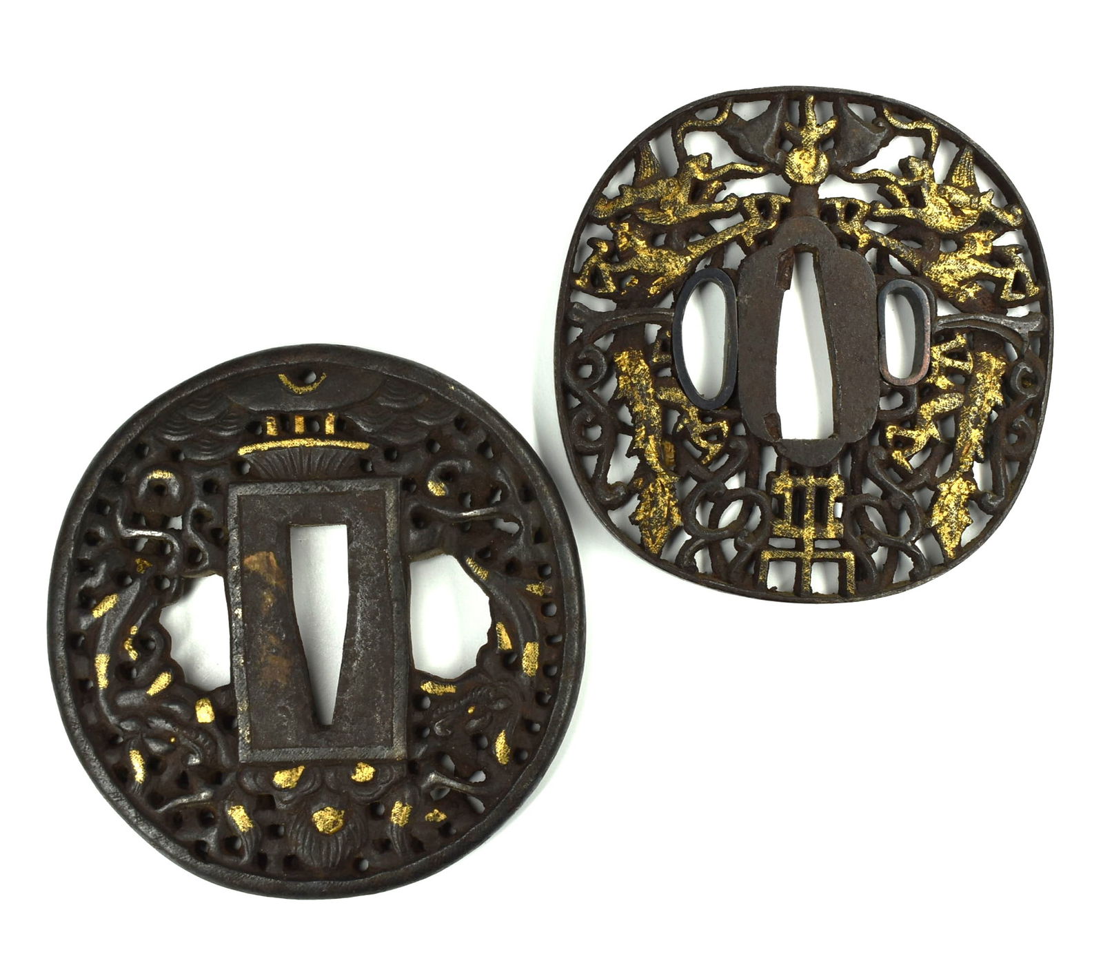 A grouping of two Edo period iron Tsubas with gilt highlights (1 of 6)
