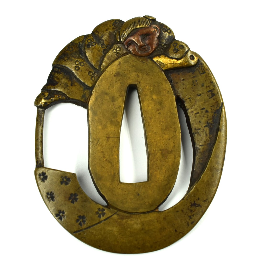 An unusual small brass Tsuba with monk (1 of 4)