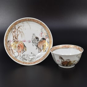 A Chinese export porcelain cup & saucer with horses in landscape, Yongzheng, 1722-1735