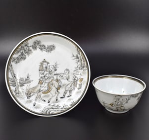 A Chinese 'en grisaille' decorated export porcelain cup & saucer, Yongzheng, 1722-1735