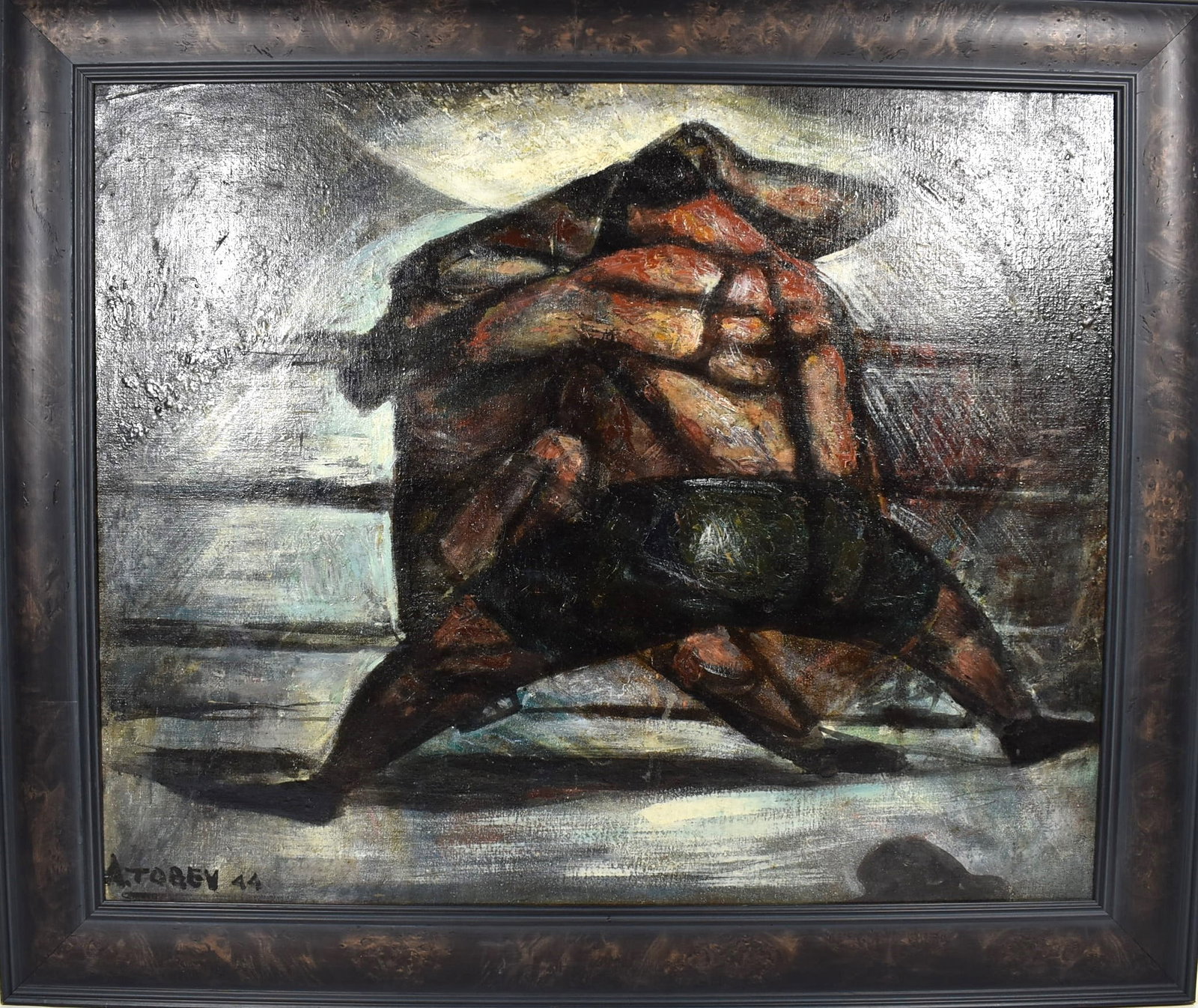 ALTON STANLEY TOBEY (1914-2005), 'Boxing Match Clinch', 1944: A framed oil on artist board titled ' Boxing match clinch', signed 'A Tobey' lower left for ALTON STANLEY TOBEY (American, 1914-2005), and dated 1944. Approximate measurements (framed): 29 3/4"H x 35 