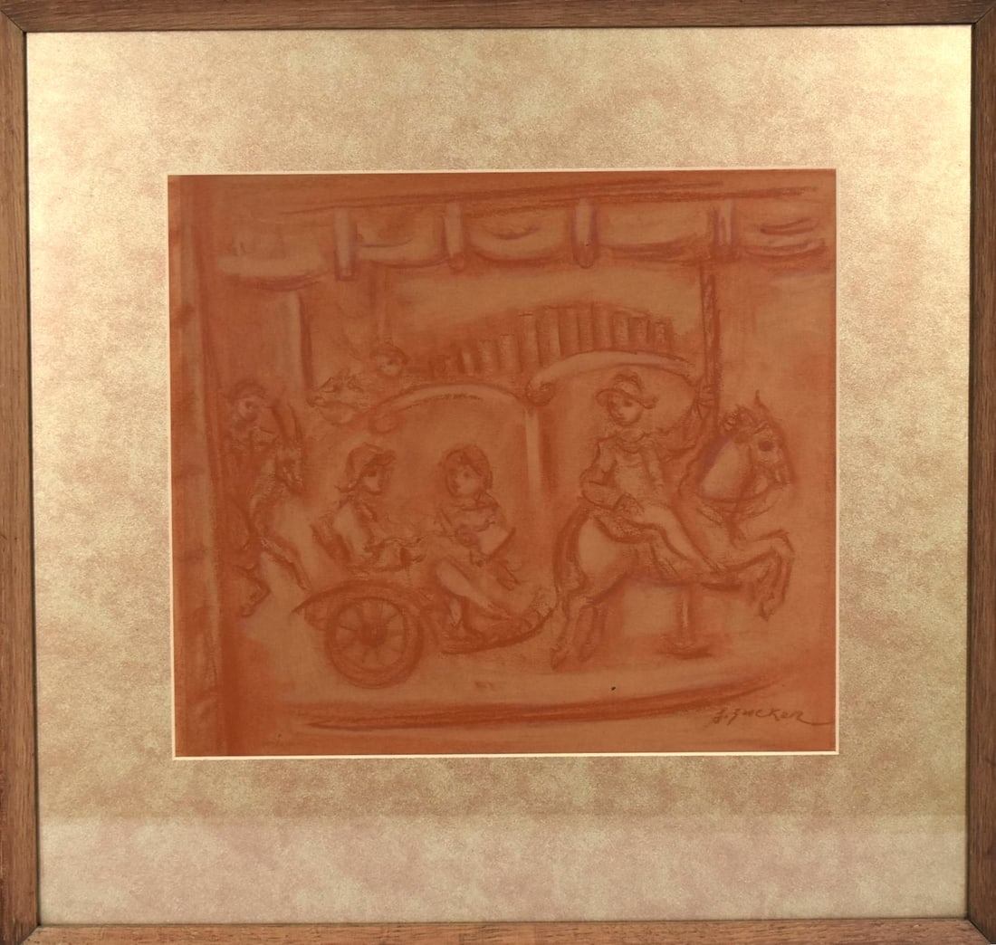 JACQUES ZUCKER (1900-1981), untitled red chalk on paper, drawing of a carousel: A red chalk on paper drawing of a carousel, signed 'J. Zucker' lower right for Jacques ZUCKER (1900-1981), framed and under glass. Apparently untitled. Not examined out of the frame. Approximate measu