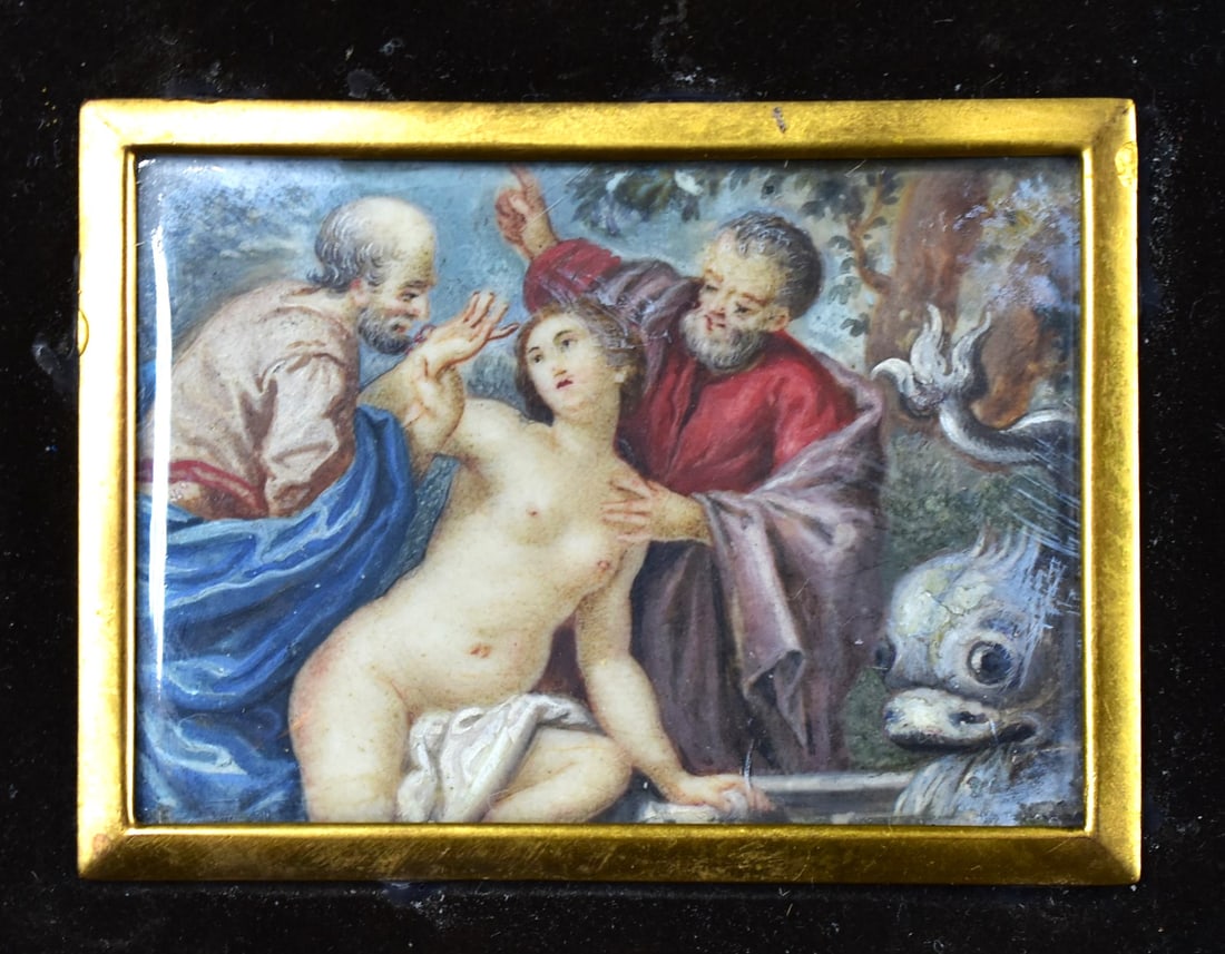 Antique continental miniature painting, Susanna and the elders: An antique continental miniature painting on velum featuring Susanna and the elders. Framed in easel-back fabric-covered frame and under glass. Approximate measurements: 6 3/4"H x 6" W or 17cm H x 15c