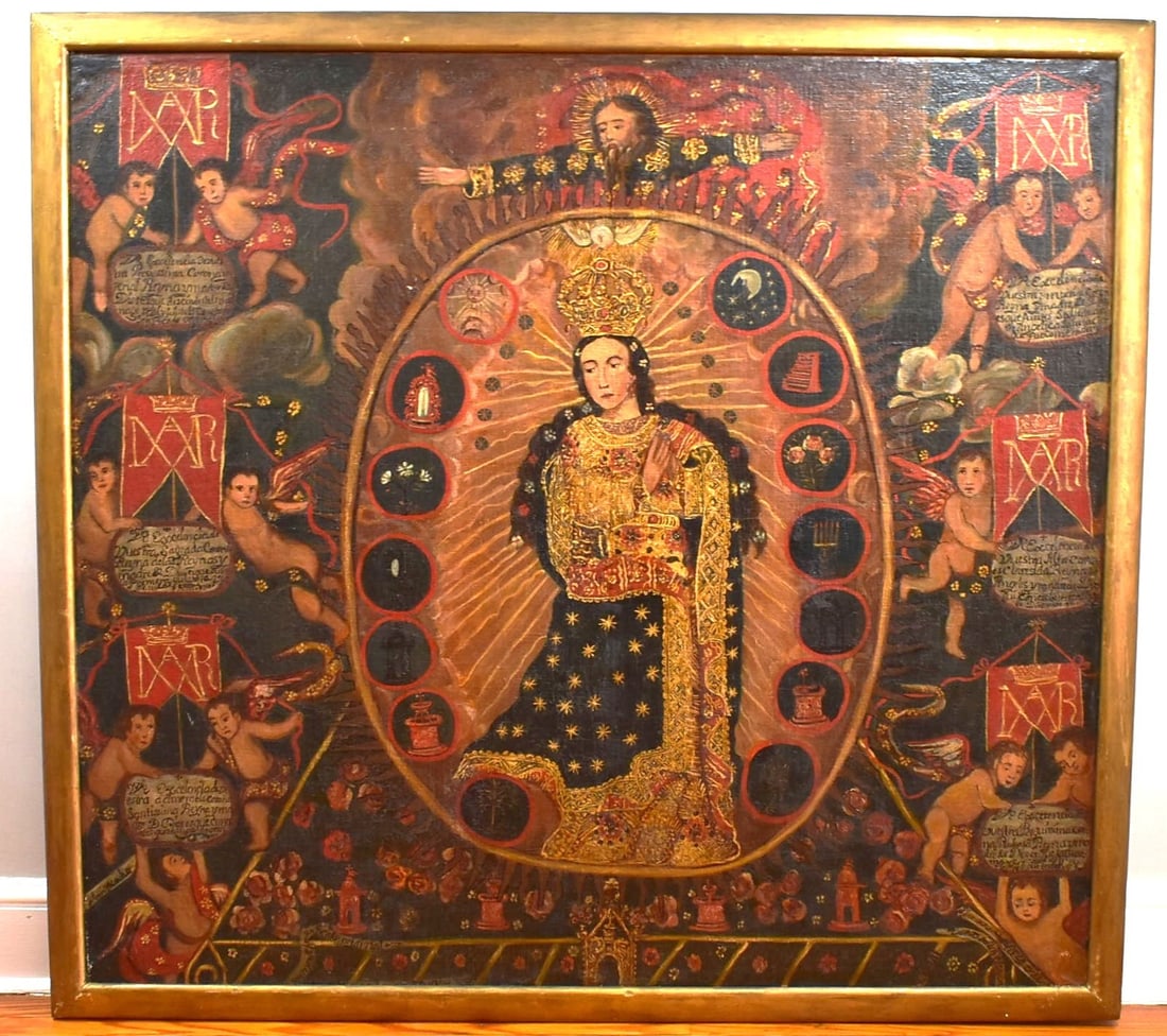 Spanish Colonial School, 17th Century, 'The Coronation of The Virgin' oil on canvas: A very large Spanish Colonial School ( Peru or Bolivia?), 17th Century oil on canvas featuring The Coronation of The Virgin. Anonymous. Approximate measurements (overall, including frame): 51"H x 55 1