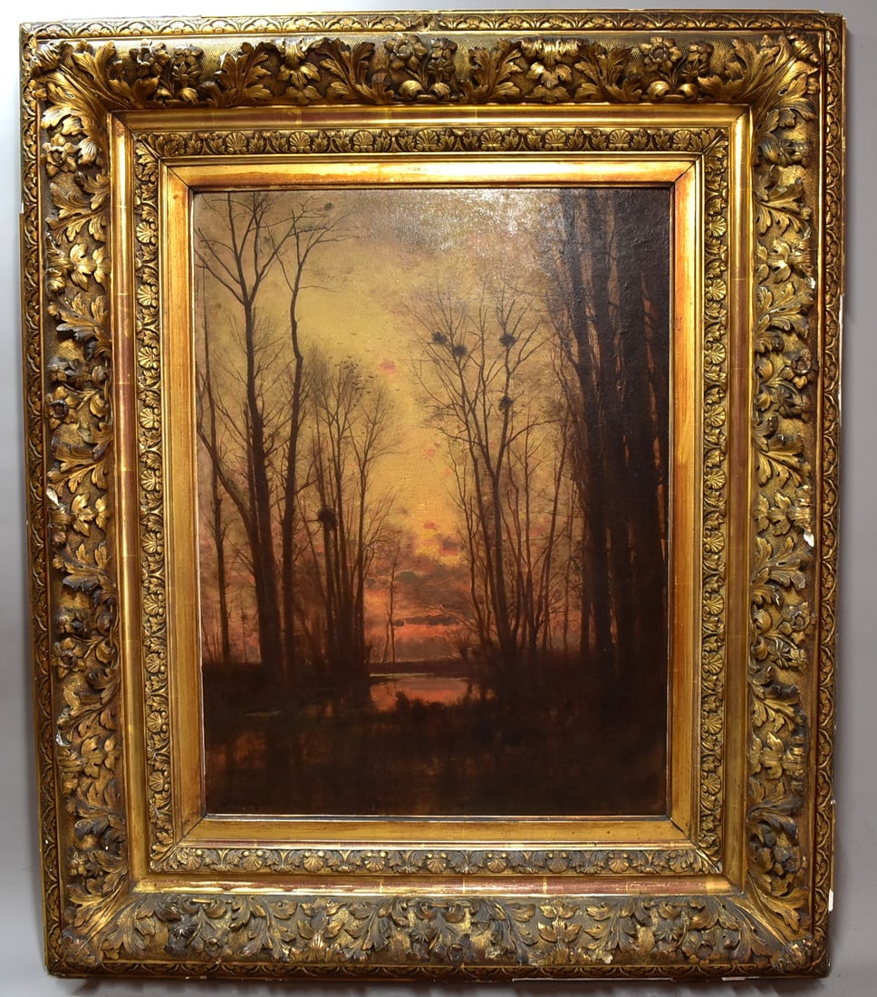 Francois Louis FRANCAIS (1814-1897) landscape at dusk, oil on artist board: A mid to late 19th century Barbizon School oil on artist board featuring a woody landscape at dusk signed 'Francais' for Francois Louis FRANCAIS (French, 1814-1897) lower left. Approximate measurement