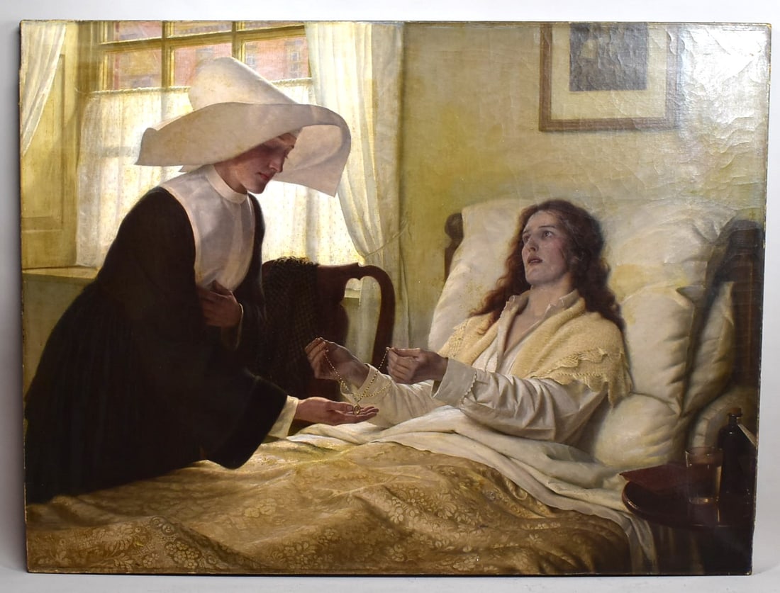 Edmund Blair LEIGHTON (British, 1853-1922), 'A sacred Trust' oil on canvas circa 1880: A large oil on canvas featuring a religious farewell scene in an interior. Signed E. Blair Leighton (British, 1853-1922) lower right. Not dated. Un-framed. Approximate measurements: 31"H x 41 1/4" W o