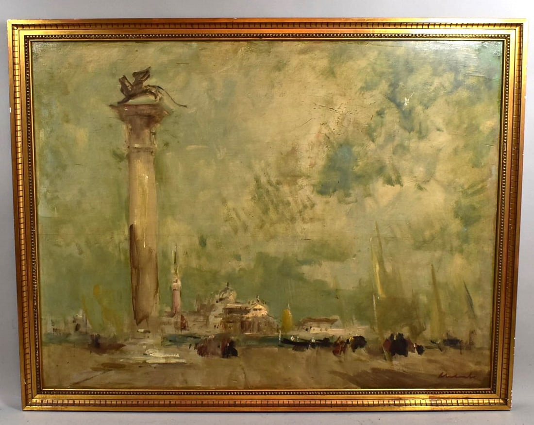 Angiolo ALEBARDI (1883-1969) 'Colonna e leone a San Marco', oil on panel, c. 1935: A post impressionist oil on panel Venetian scene; 'Colonna e leone a San Marco' by Italian painter Angiolo ALEBARDI (1883-1969), circa 1935. Signed lower right. Approximate measurements (overall, incl
