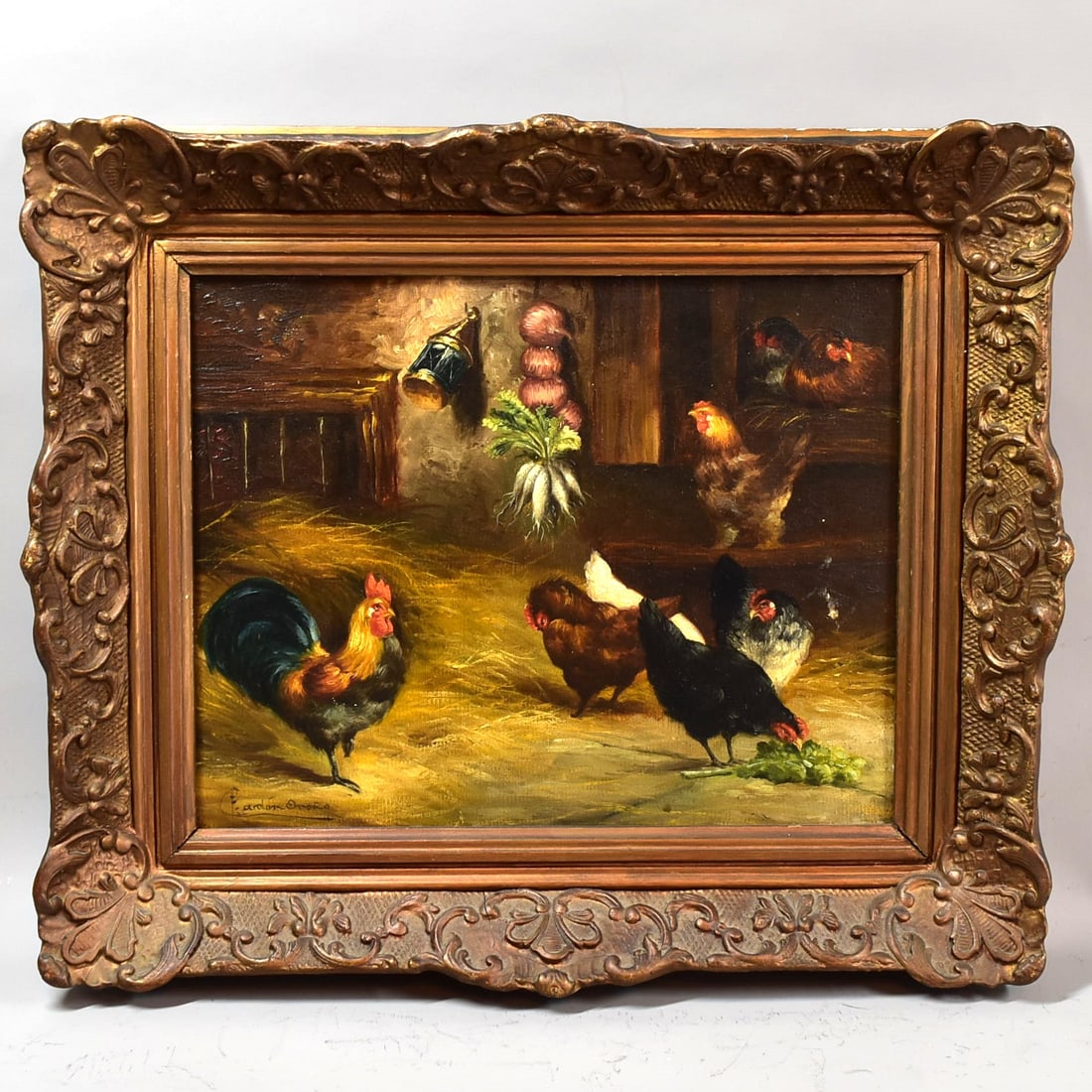 Antique oil on canvas of Barnyard, chickens and rooster signed illegibly (1 of 9)
