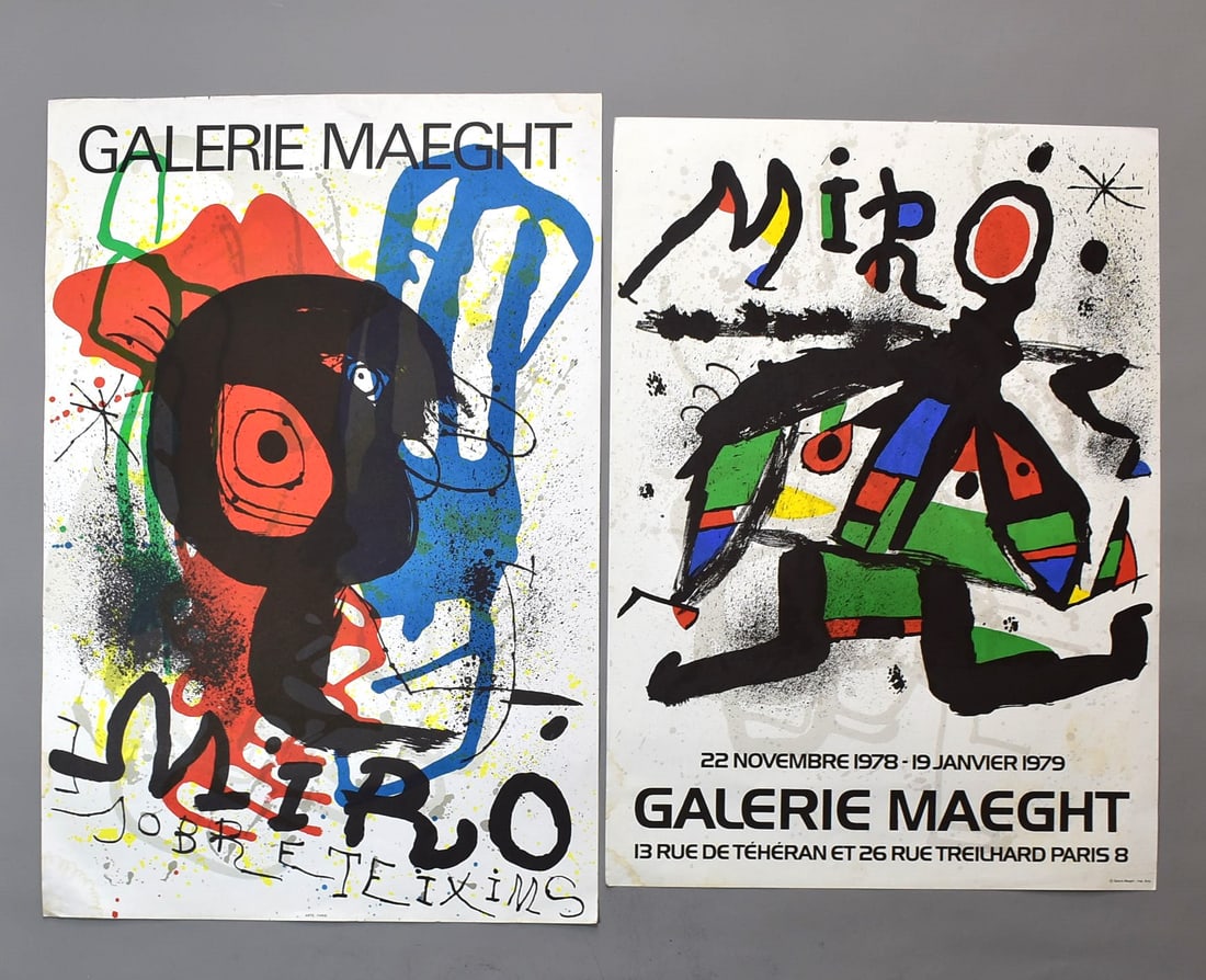 Two Joan MIRO original Galerie Maeght Exhibition posters; 'Sobre Teixims' 1973 and 1978-79: A grouping of two Joan MIRO (Spanish /Catalan 1893-1983) Galerie Maeght lithographic exhibition posters including a 1973 Exhibition poster 'Sobre Teixims', Arte paris ( 32 3/4"H x 21 3/4"W or 83cm H x