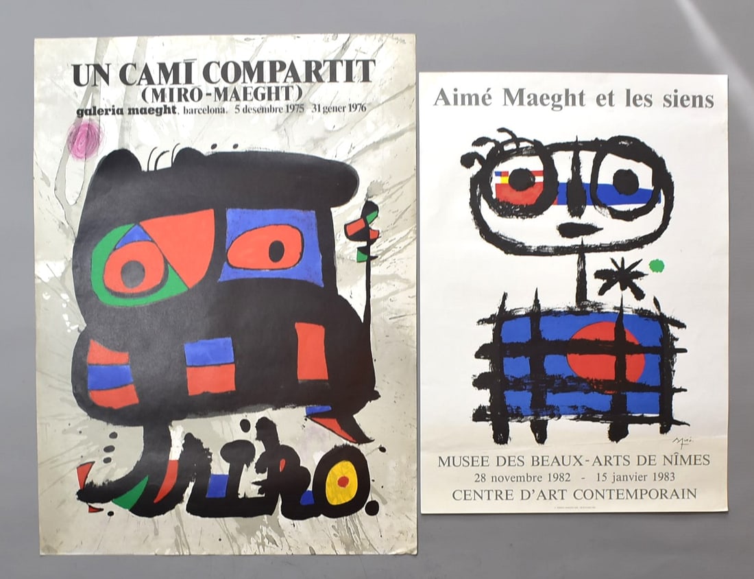 Two Joan MIRO Galerie Maeght Exhibition posters, Barcelona, 1975-1976 and Nimes 1982-1983: A grouping of two vintage original Joan MIRO (Spanish /Catalan 1893-1983) Galerie Maeght lithographic exhibition posters. The largest poster for 'Un Cami Compartit' measuring 29 7/8"H x 22"W or 76cmH