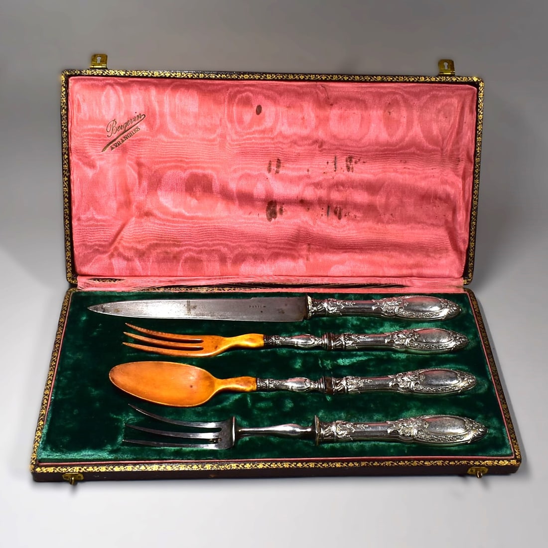 Antique French sterling silver cutlery set: An antique French sterling silver 4-piece cutlery set including a carving set and a salad set. All pieces marked with the French minerva hallmark for .950 silver and maker's mark for Emile Ziegler. In