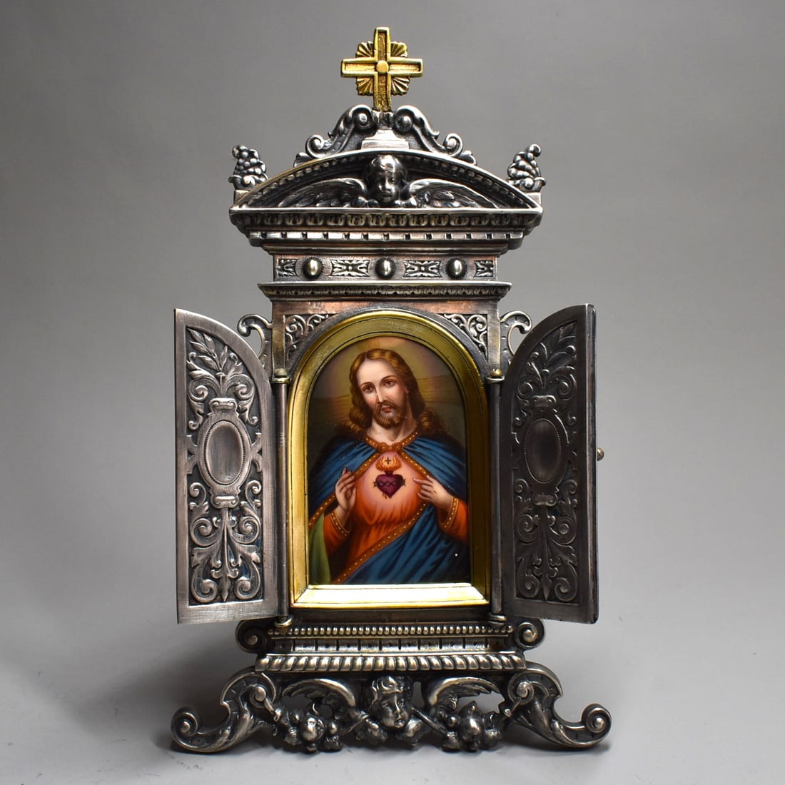 An antique gilt, silvered bronze and pocelain table altarpiece, Sacred Heart of Christ (1 of 9)