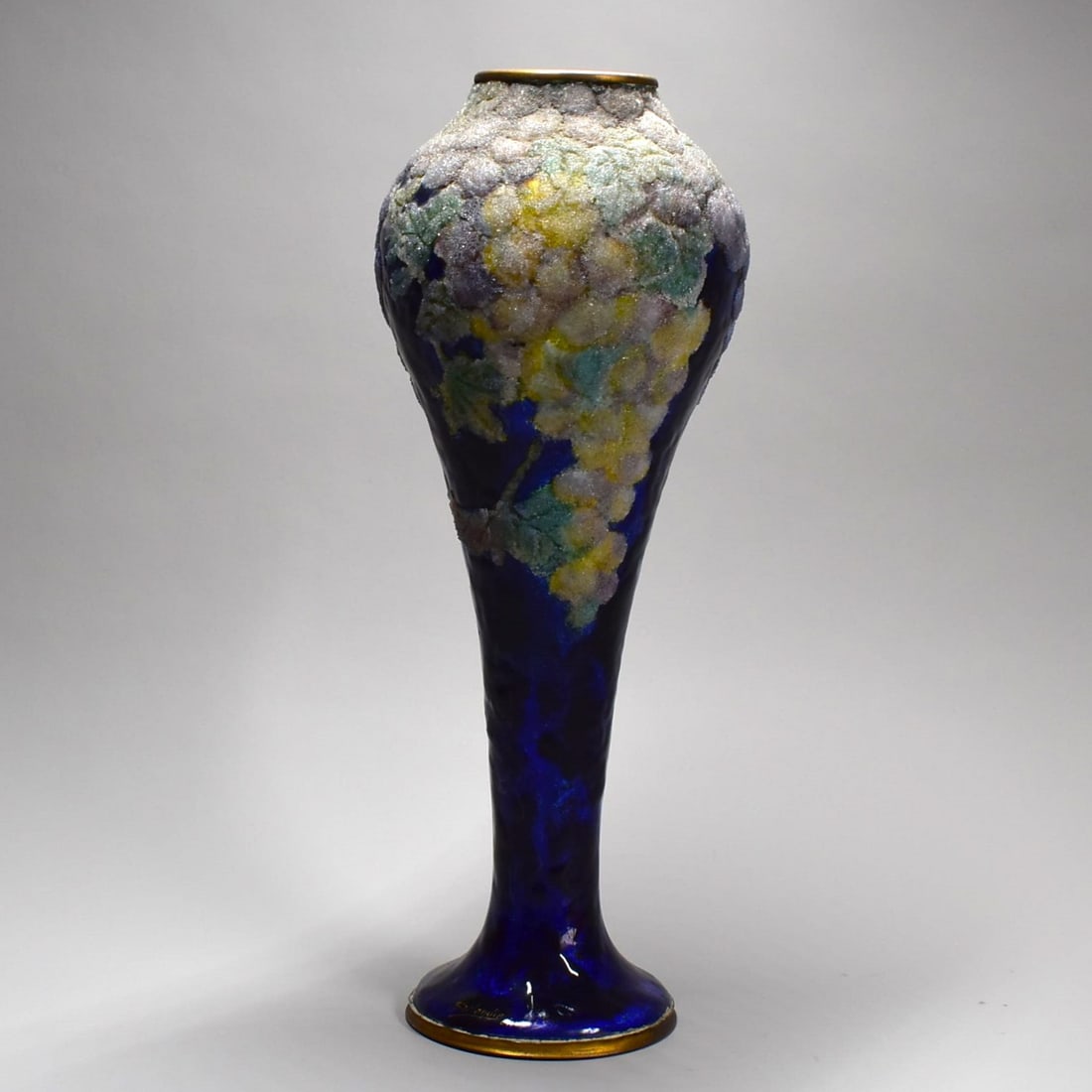 Jules SARLANDIE, French Art Deco enamel on copper vase, Limoges 1920's: A French Art Deco period enamel vase by Jules Sarlandie, Limoges. Sheet copper, applied metal foil, polychromatic enamel. Floral pattern. Signed: Sarlandie Limoges on the base. Approximate measurement