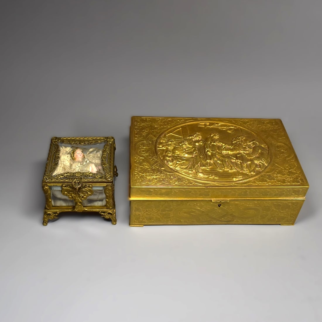 Grouping of two antique boxes including a French ormolu trinket box (1 of 19)