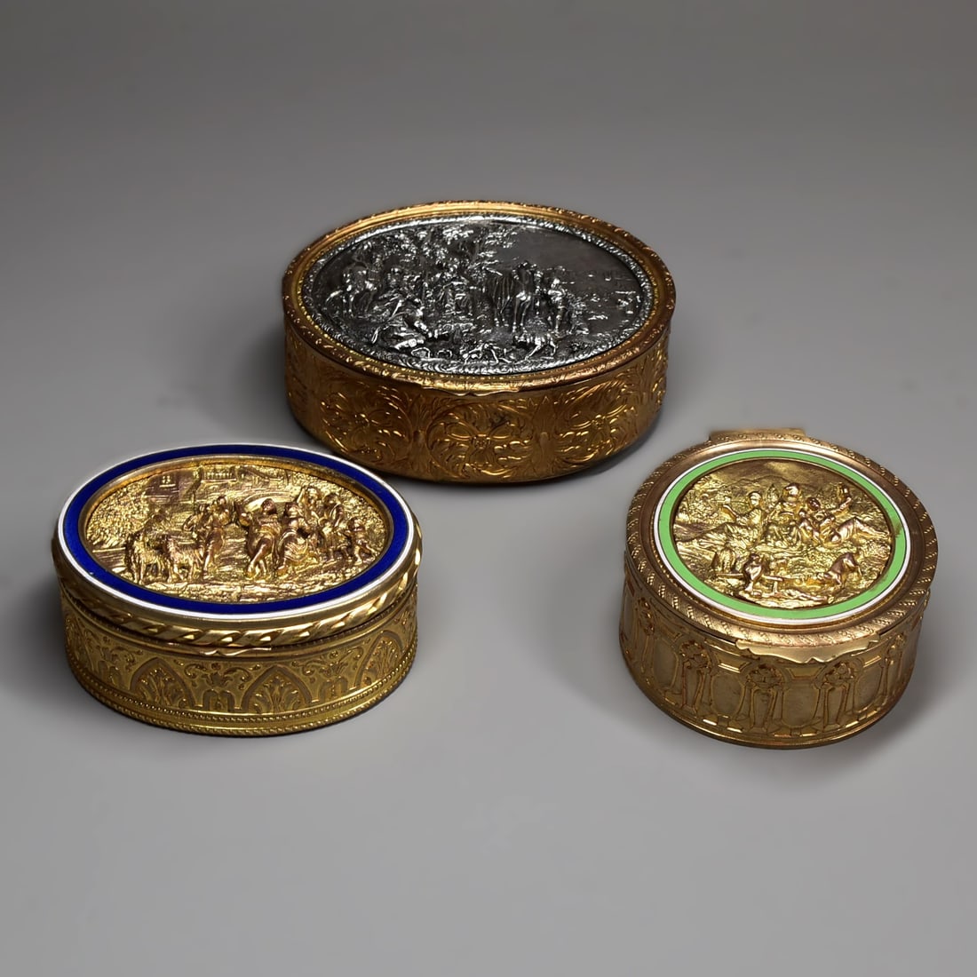 A grouping of three French gilt brass and enamel dresser boxes circa 1900 (1 of 9)