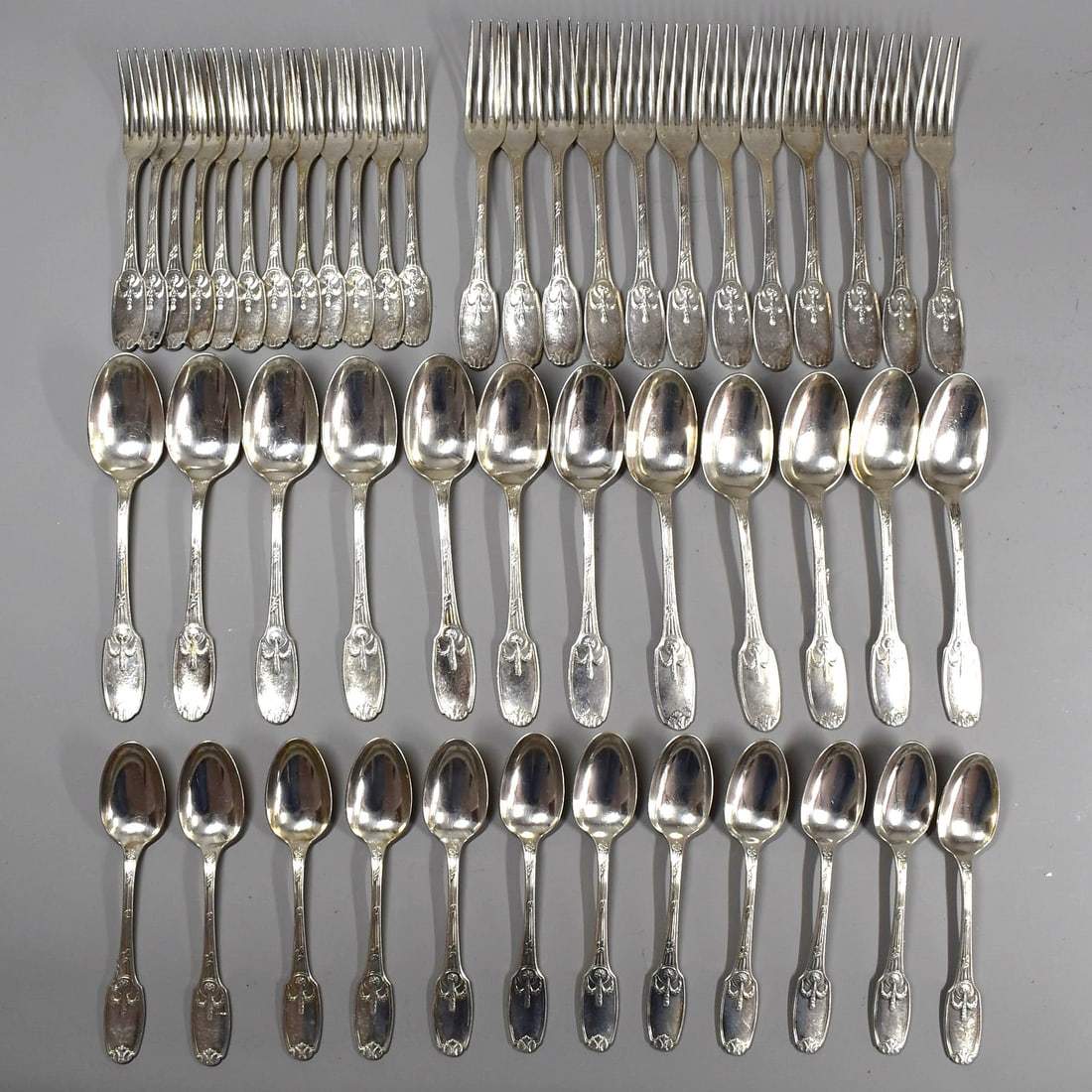 Antique CHRISTOFLE 'Delafosse' pattern 48-piece partial flatware service for 12: A rare and hard to find antique/ vintage Christofle 'Delafosse' pattern 48-piece partial flatware service for 12 including 12 Dinner forks (8 1/2"L or 21.5cm L), 12 Large soup spoons (8 1/2"L or 21.5c
