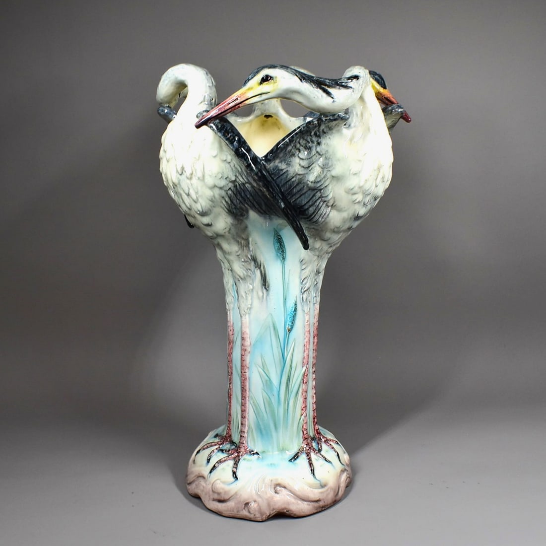 Delphin MASSIER (1836-1907), majolica 'Crane' Jardiniere: A 19th century French Art Nouveau majolica 'Crane' jardiniere (or floor vase) by Delphin Massier (French, 1836-1907). Signed: "Delphin Massier/Vallauris (A.M.)" to underside. Approximate measurements: