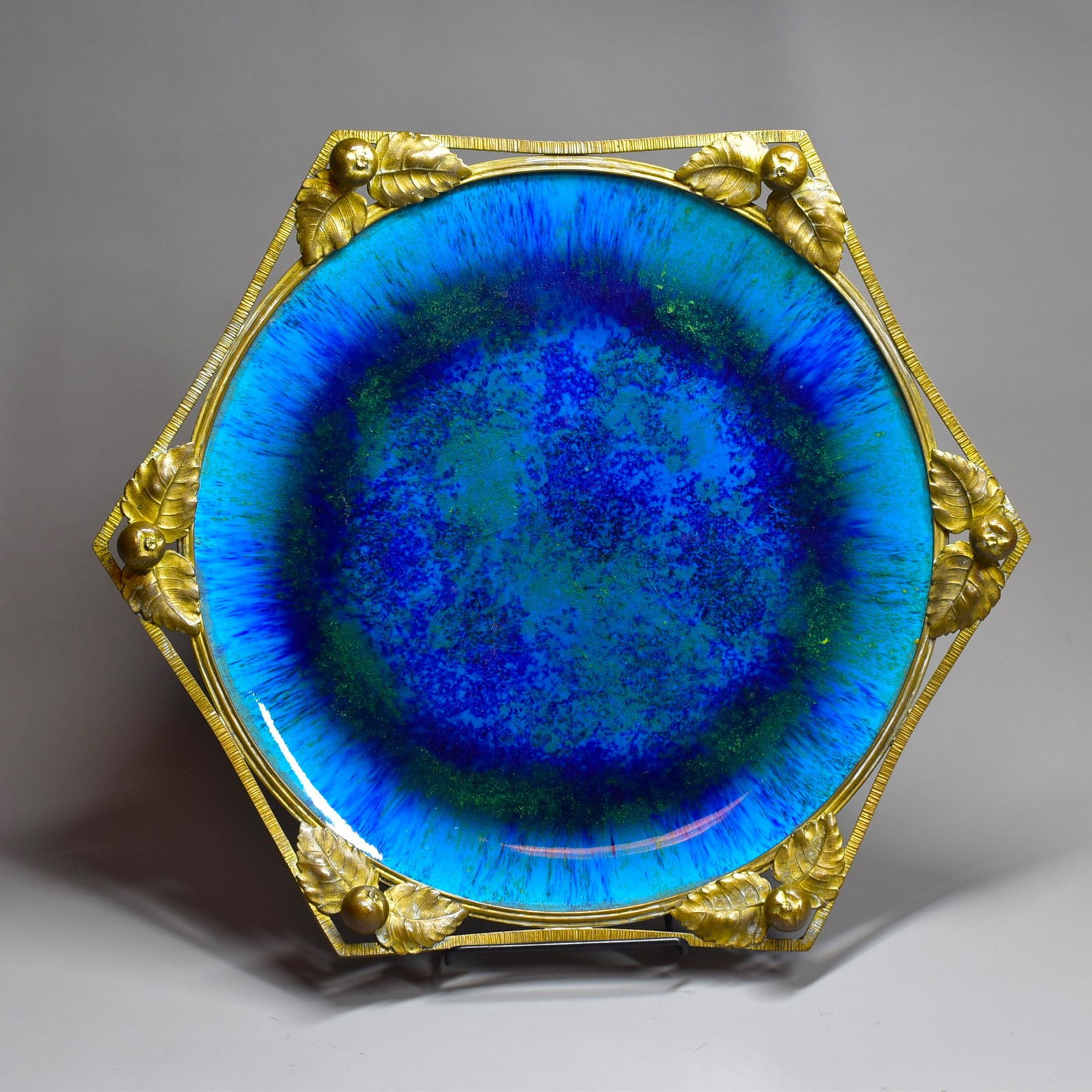 A large PAUL MILET (1870-1950) for SEVRES ormolu-mounted porcelain Turquoise-glazed charger: A large French Art Deco PAUL MILET (1870-1950) for SEVRES ormolu-mounted porcelain Turquoise-glazed charger. Marked with the Sevres 'MP Sevres' circular mark on the underside. Approximate measurements