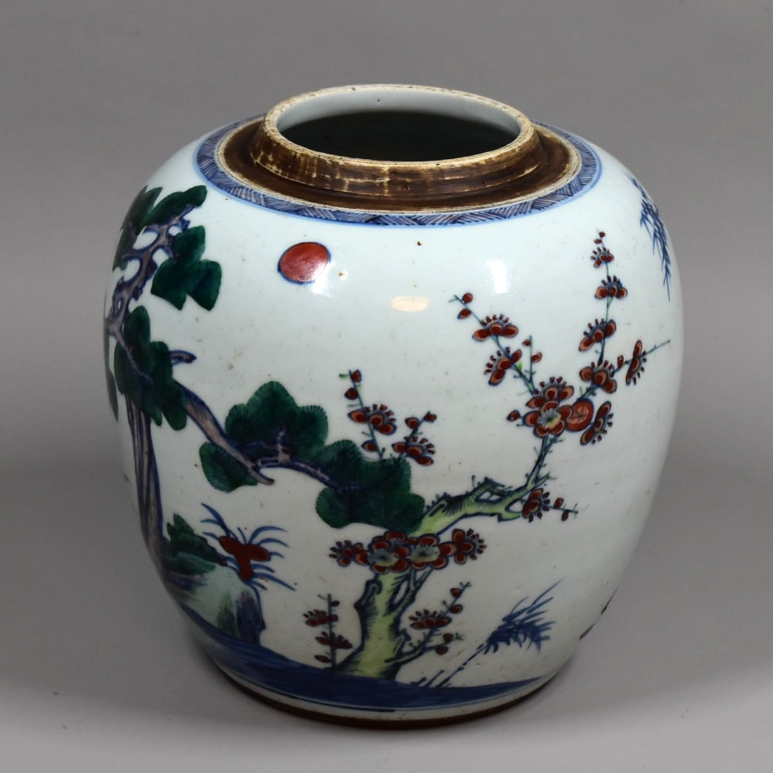 A Chinese Doucai porcelain Ginger jar: A Chinese Doucai porcelain Ginger jar decorated with the 'Three friends of Winter' in a continuous scene. The base with an underglazed double circle mark. Approximate measurements: 8 3/4"H x 8 1/2" in
