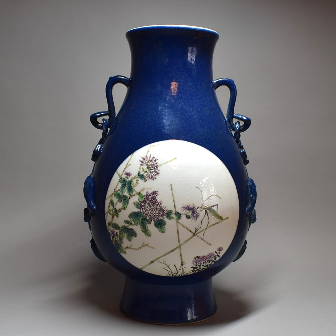 A Chinese famille rose on powder-blue ground Hu-form porcelain vase, early Republic period: A large Chinese famille rose on powder-blue ground Hu-form vase wit enamel decorated medallions featuring insects amongst dhalias and peonies, the sides flanked by applied and pierced handles . The ba