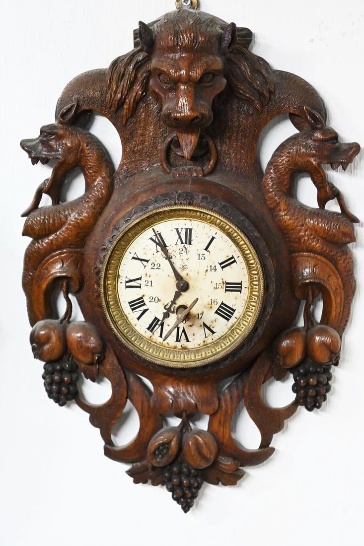 Wall clock, Black ForestWall clock, Germany, 1870, a wooden box carved with exceptional and very (1 of 3)