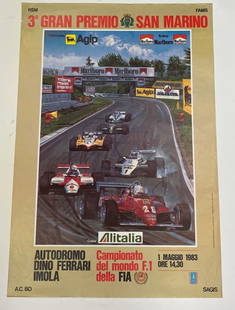 Poster Ufficiale 3*GP San Marino Imola 1983 by Antonio De Giusti Pole Position Arnoux autografato da: Poster Ufficiale 3*GP San Marino Imola 1983 by De Giusti Pole Position Arnoux autografato da Arnoux 1* Tambay Ferrari. Misure 67 x 97,50