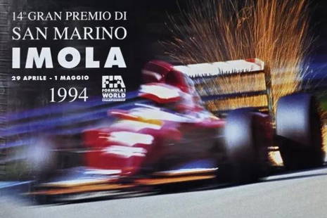 Poster Ufficiale 14*GP San Marino Imola 1994 1*Schumacher (Senna e Ratzenberger incidente ): Poster Ufficiale 14*GP San Marino Imola 1994 1*Schumacher (incidente Senna e Ratzenberger) Misure manifesto 68,50 x 99