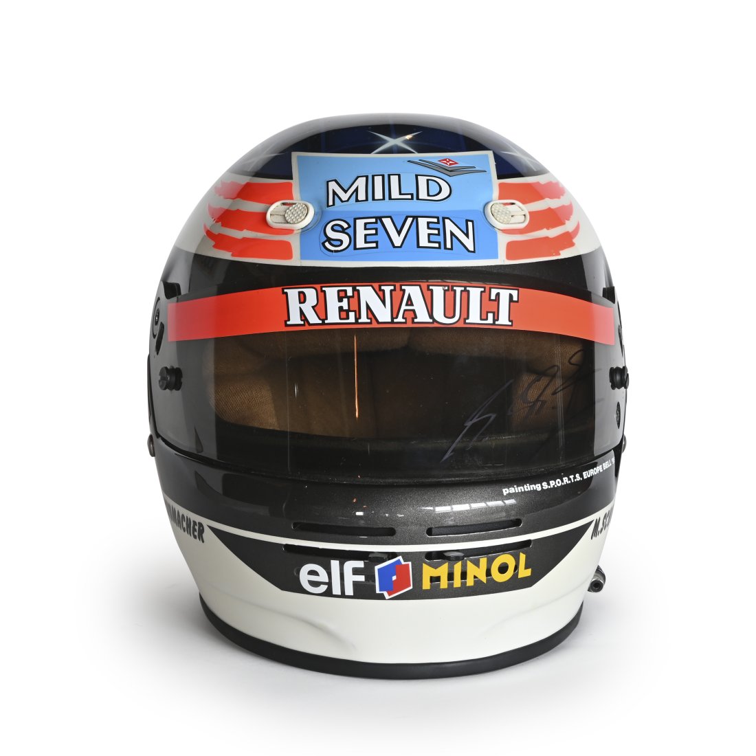 M.Schumacher - Casco Benetton Bell usato in Gara GP Inghilterra 17/07/1995 World Champion firmato: Casco originale Bell M.Schumacher - usato in Gara GP Inghilterra 17/07/1995 World Champion - firmato e certificato Casco usato successivamente per test privati per cui sono stati aggiunti gli sponsor 