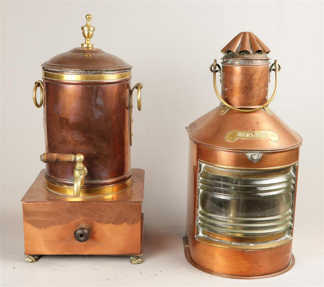 A lot consisting of a copper ship lamp and a tap jug. (1 of 1)