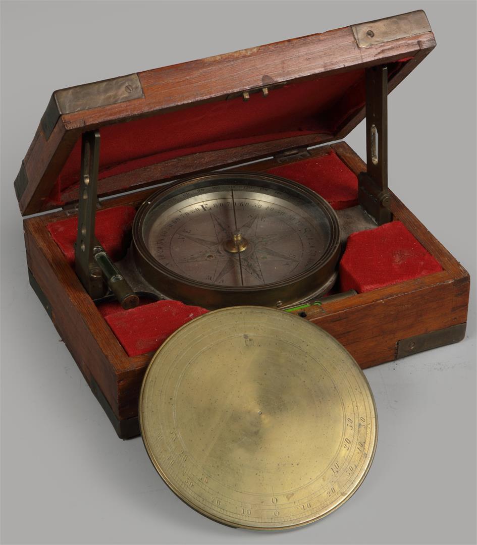 A brass compass in a wooden box. England, late 20th century (1 of 1)