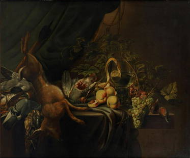 After Jan Weenix, A showpiece still life with game, peaches: After Jan Weenix, A showpiece still life with game, peaches, grapevines and a pomegranate on a table. with signature and date "J Weenix 1671".100 x 120 cm.