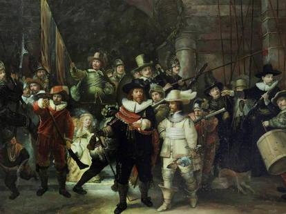 A copy after Rembrandt van Rijn's, Gunners of District II u: A copy after Rembrandt van Rijn's, Gunners of District II under Captain Frans Banninck Cocq, The Nightwatch, signed "J. Vinkeles" (lower right), oil on canvas, 20th century. After the original from