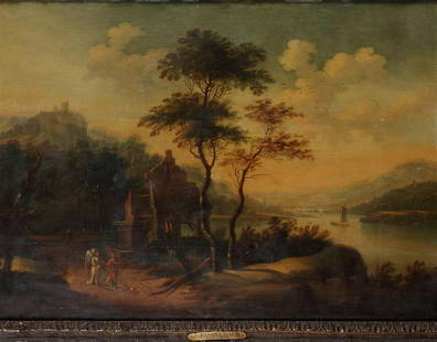 Follower Johannes Lingelbach (Frankfurt am Main 1622 - 1674: Follower Johannes Lingelbach (Frankfurt am Main 1622 - 1674 Amsterdam), A ruin on a Rhine landscape with a traveler accompanied by the Archangel Raphael, on three planks of oak panel joined with dovet