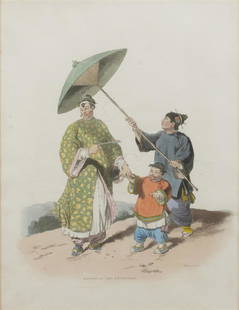 A hand-coloured steel engraving after W. Alexander (1867 -: A hand-coloured steel engraving after W. Alexander (1867 - 1816) depicting a Chinese courtier and servant.32 x 24 cm.