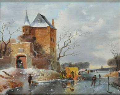 20e eeuw.  Hollandse School Winterfun by a fortified toll b: 20e eeuw. Hollandse SchoolWinterfun by a fortified toll booth, oil on panel.18,5x 24 cm.