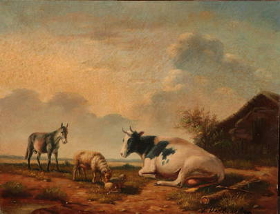 20e eeuw. Hollandse School Resting cattle in a pasture. si: 20e eeuw. Hollandse SchoolResting cattle in a pasture. signed indistinctly (lower right), oil on panel (unframed).19,5 x 25 cm.