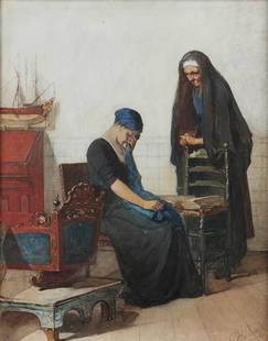 Christoffel Bisschop (1828-1904) Hindelopen - "De Ledige Wi: Christoffel Bisschop (1828-1904)Hindelopen - "De Ledige Wieg" (The empty cradle), signed (lower right), gouache and watercolor on paper.61 x 47 cm.