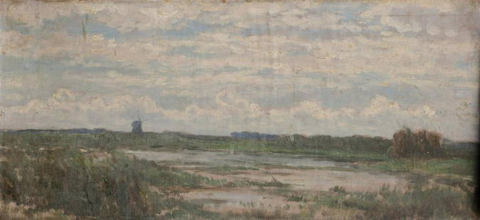 Adrianus van Everdingen (1832-1912) Polder landscape with w: Adrianus van Everdingen (1832-1912)Polder landscape with windmill. with certificate of authenticity by the painter's son on a label (verso), oil on canvas on panel (marouflÃ©), unframed.25 x 54 cm.