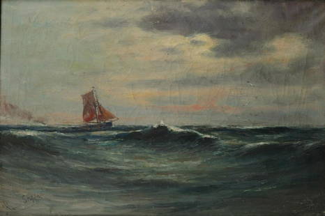 Romain Steppe (1859-1927) Fishing ship on a choppy, signed: Romain Steppe (1859-1927)Fishing ship on a choppy, signed (lower right), oil on canvas.49 x 70 cm.