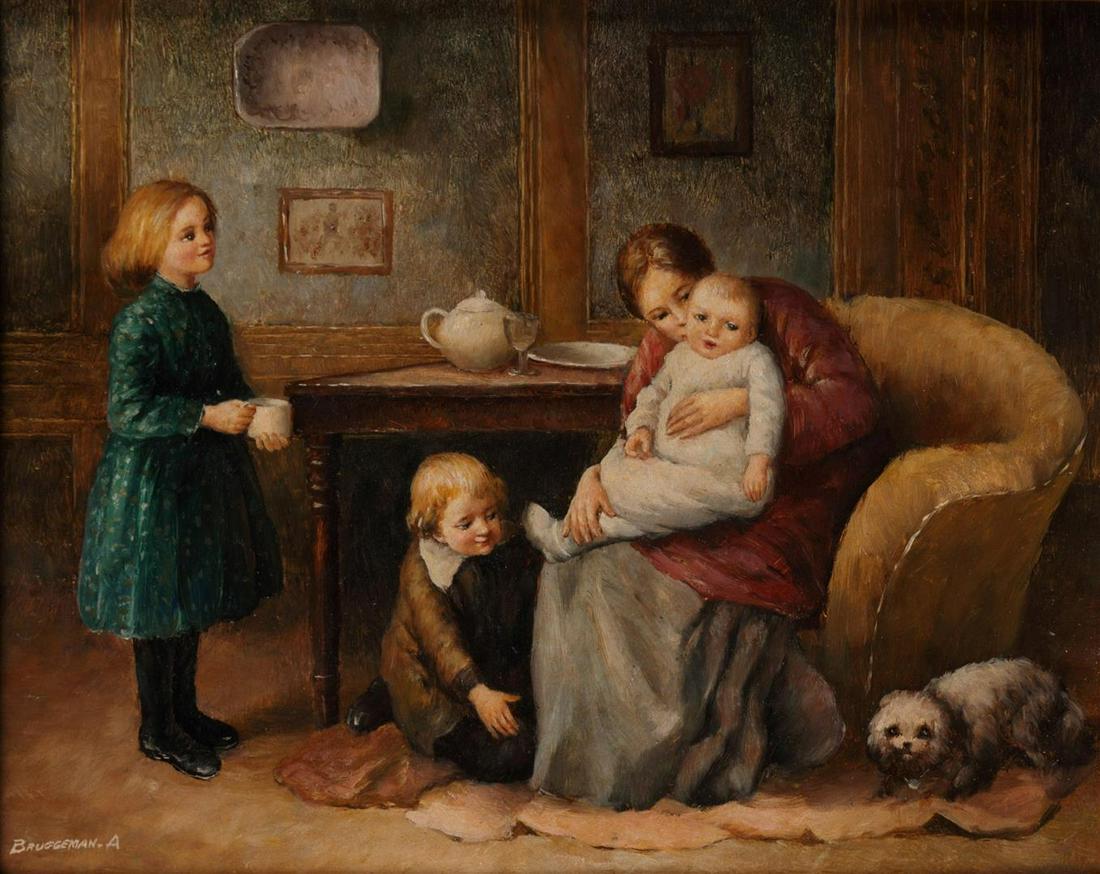 Belgische School, ca. 1900 A homely idyll. Signed "A Bruggg (1 of 4)