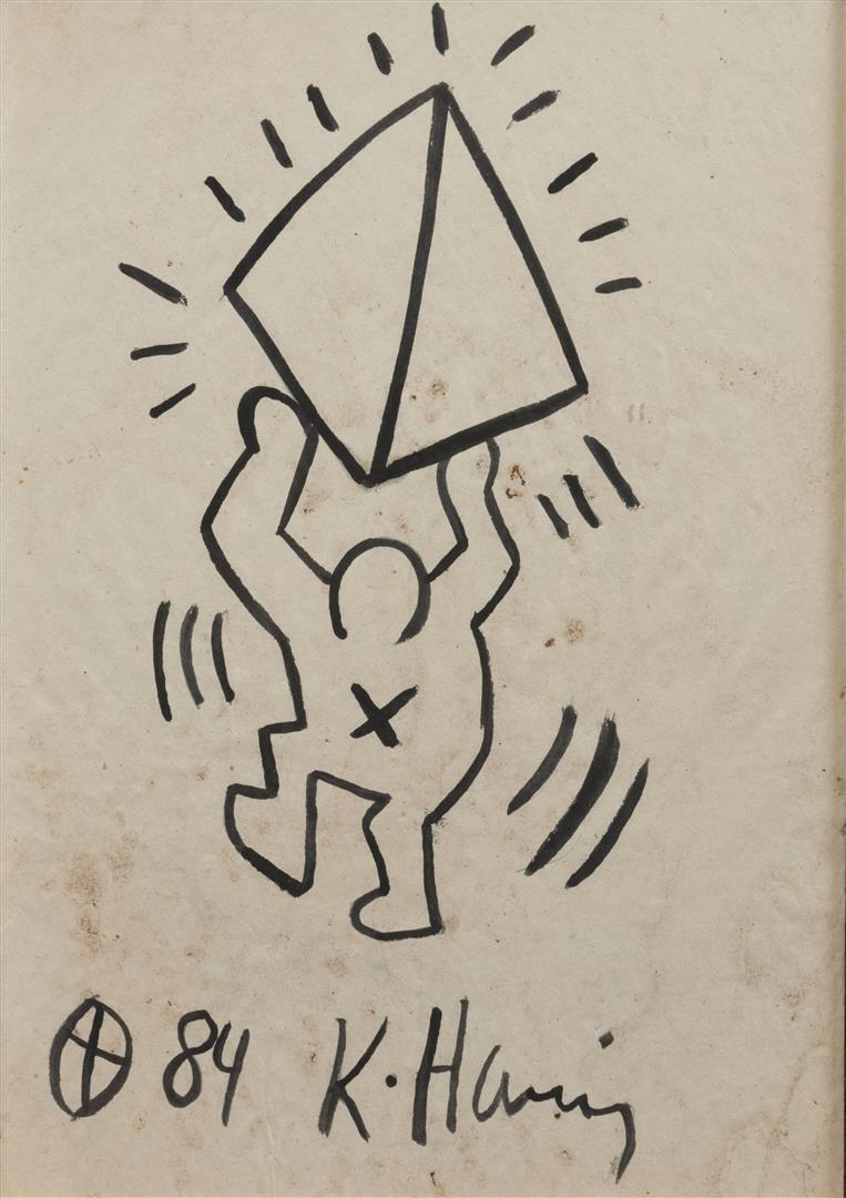 Keith Haring (1958-1990) Man with kite, signed, and dated ': Keith Haring (1958-1990)Man with kite, signed, and dated '84 (lower center), black ink on paper.29 x 20 cm.
