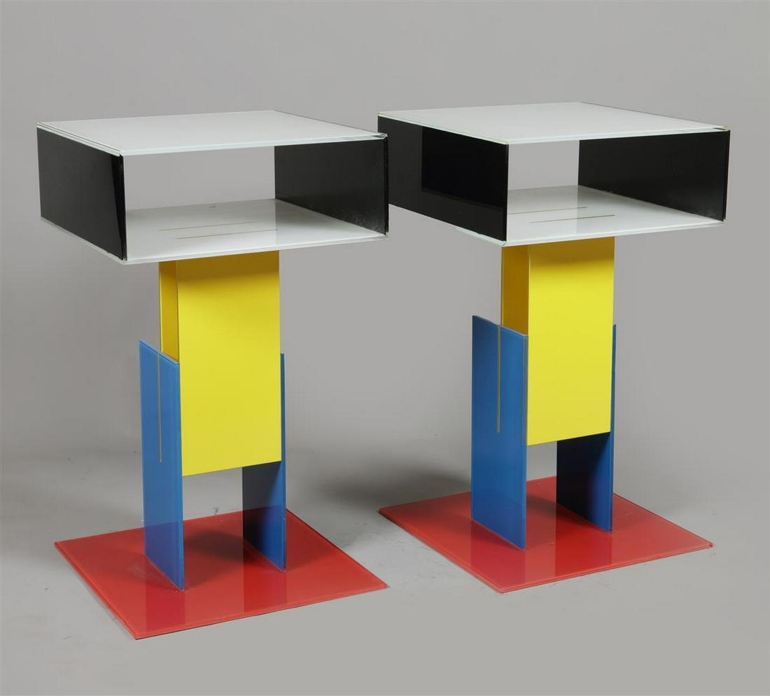A set of hard glass Memphis style bedside tables, 1980s. H. (1 of 1)