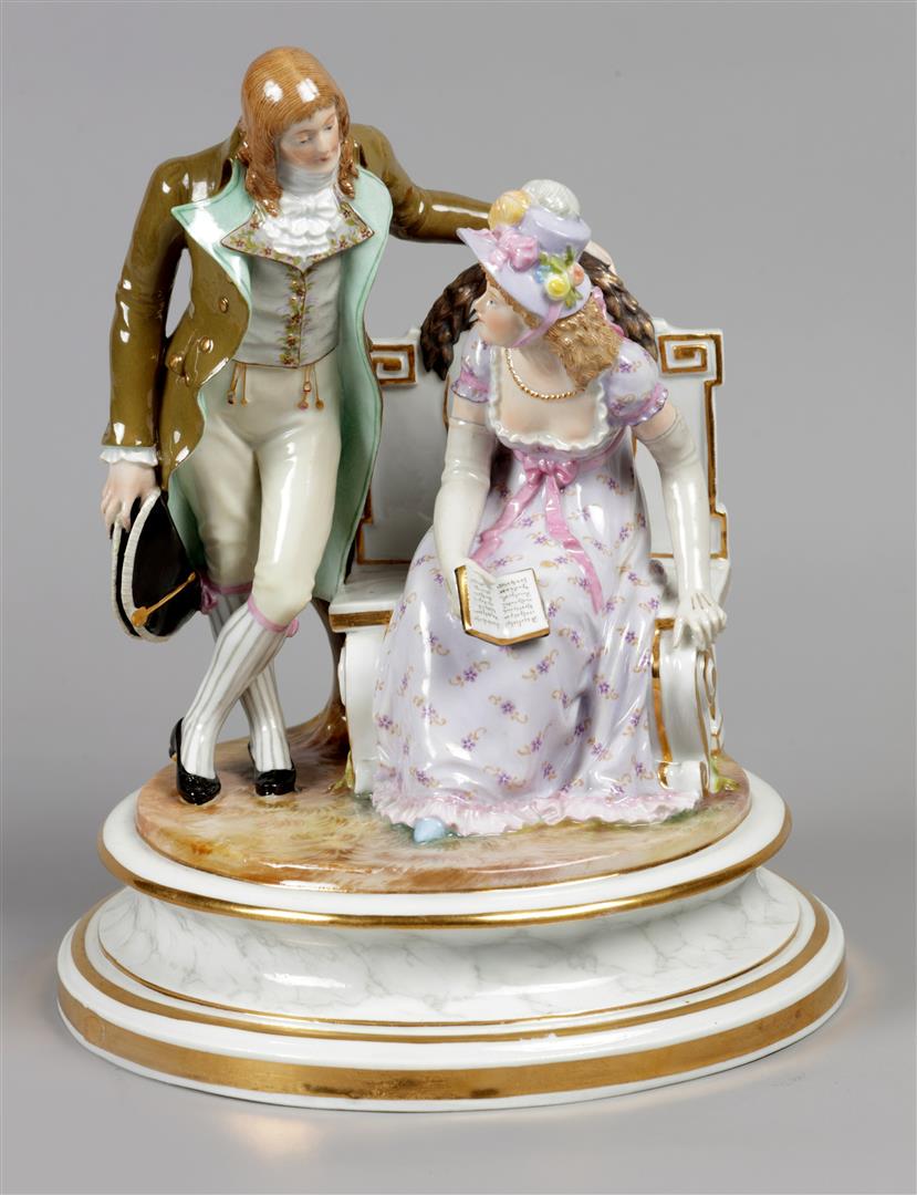 A porcelain group with a romantic scene, marked Meissen. Ge (1 of 5)