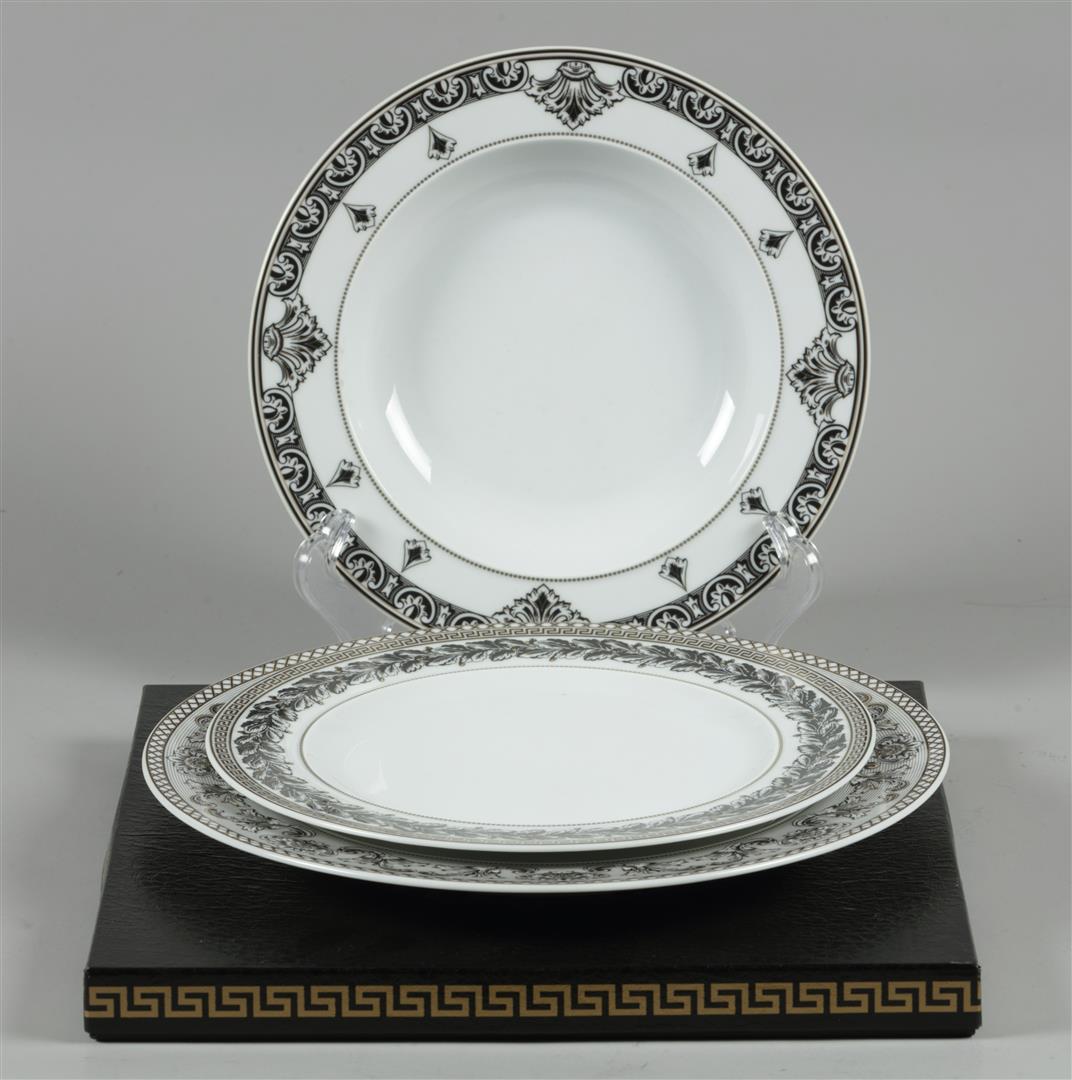 A lot of porcelain consisting of a dinner plate, breakfast: A lot of porcelain consisting of a dinner plate, breakfast plate and soup plate with Marquetry decor, Rosenthal for Versace. Germany, late 20th century.