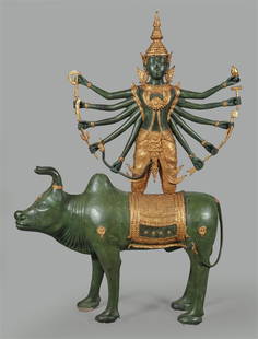 A very large cold painted bronze statue depicting Phra Nara: A very large cold painted bronze statue depicting Phra Narai on a cow. Thailand, 2nd half of the 20th century.H.: 125 x B.: 100 cm.