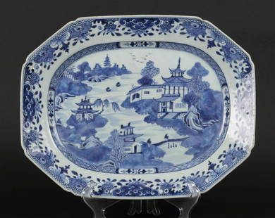 A porcelain meat dish with a river landscape and figure dec: A porcelain meat dish with a river landscape and figure decor. China, Qianglong.Diam.: 37 cm.