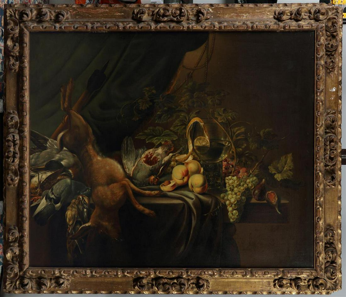 Naar Jan Weenix, Een pronkstilleven met wild, perziken, dru: Naar Jan Weenix, Een pronkstilleven met wild, perziken, druivenranken en een granaatappel op een tafel. Draagt signatuur en datering "J Weenix, 1671".