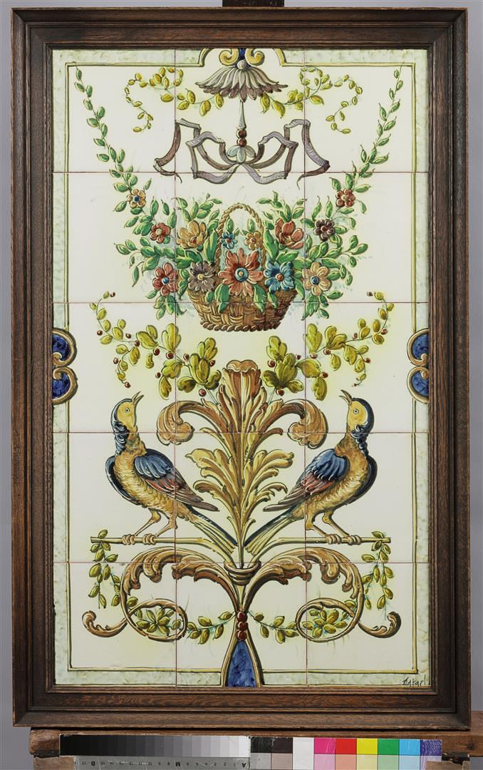 A floral tile tableau with a decor of flowers and birds. (1 of 2)