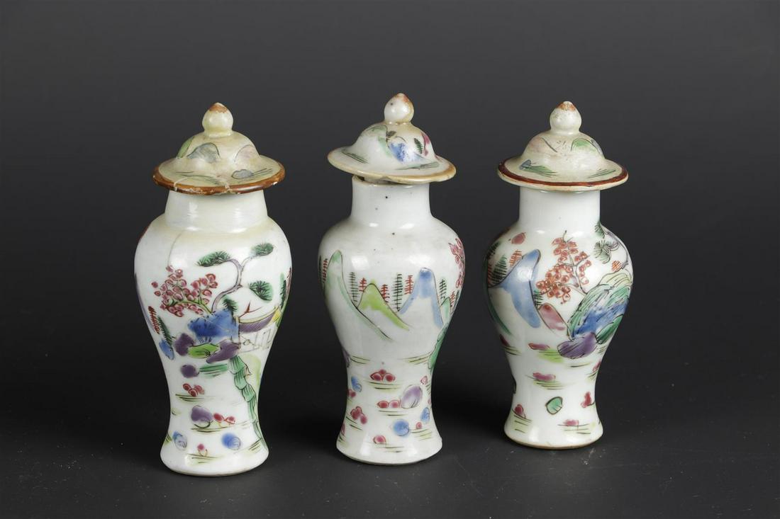 Three porcelain Famille Rose lidded jars with mountain landscape decoration. China, Qianlong. (1 of 5)